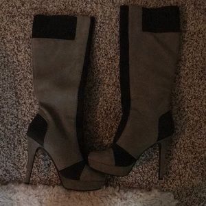 Suede knee high boots with color block accents